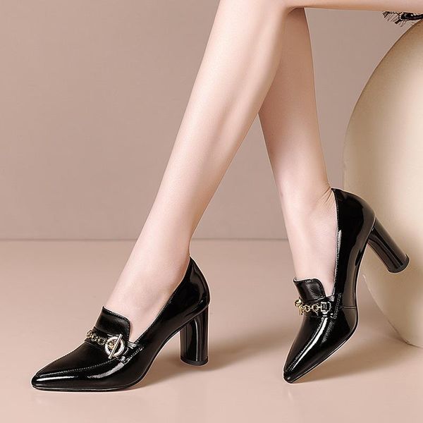 

dress shoes women pumps ladies high heels spring office wedding patent leather metal chain shoe fashion pointed toe, Black