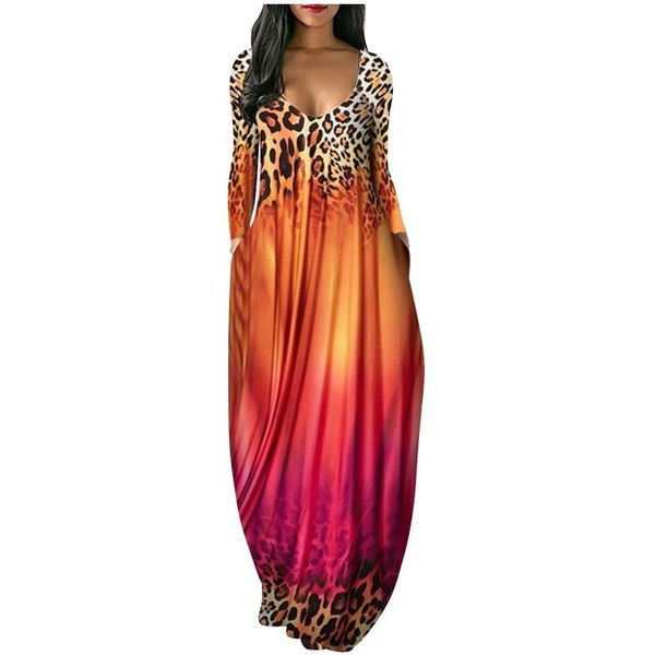 

casual dresses women's dress, long-sleeved autumn leopard print, gradient color, long skirt, v-neck loose plus size 2021, Black;gray