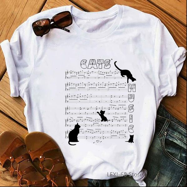 

vintage coffee owl t shirt women funny graphic tees musical note cat printed t shirt femme summer short sleeve casual t shirt, White