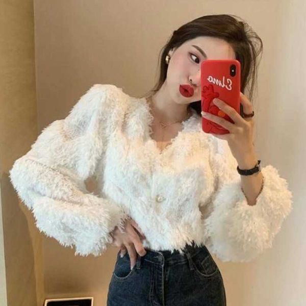 

korean women knitted knit fringe sweater cardigan lazy mohair winter handmade crochet jacket fluffy coat autumn outwear 210601, White