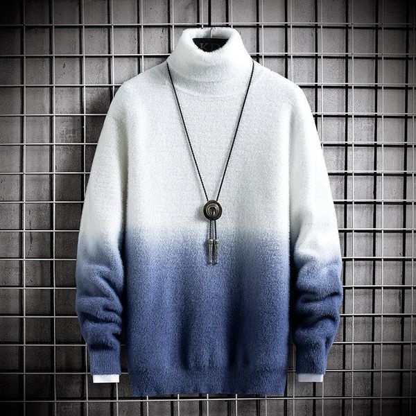 

men's sweaters 2021 autumn winter thicken sweater men fashion turtle neck gradient color pullover loose knitted casual, White;black