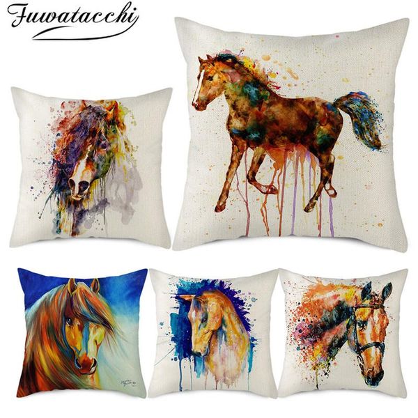 

fuwatacchi cartoon fine horse cushion cover pure linen animal pillow cover for home chair sofa decorative pillowcases 45x45cm
