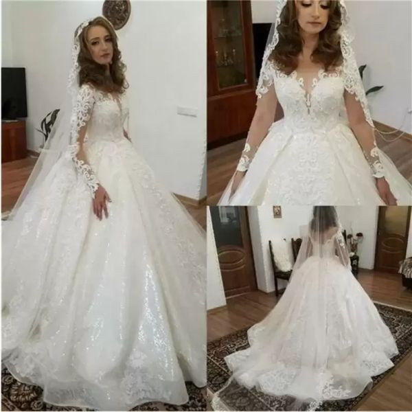 

long sleeves ball gown wedding bridal dresses sheer scoop neck tulle lace applique sweep train custom made plus size vestido de novia 2022 d, White