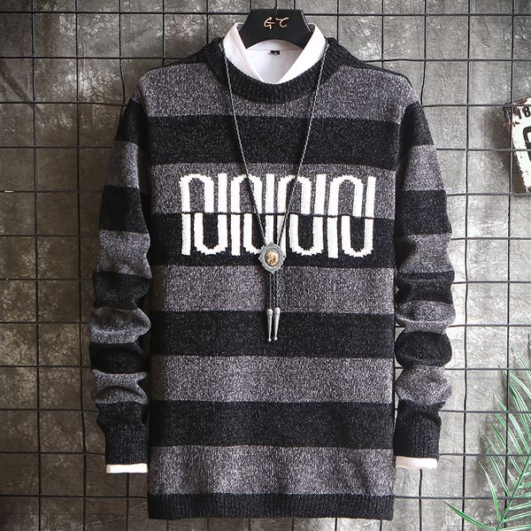 

2021 sweater mens clothes fall winter clothing long sleeve knitted pullover plus size striped korean style new ppw6, White;black