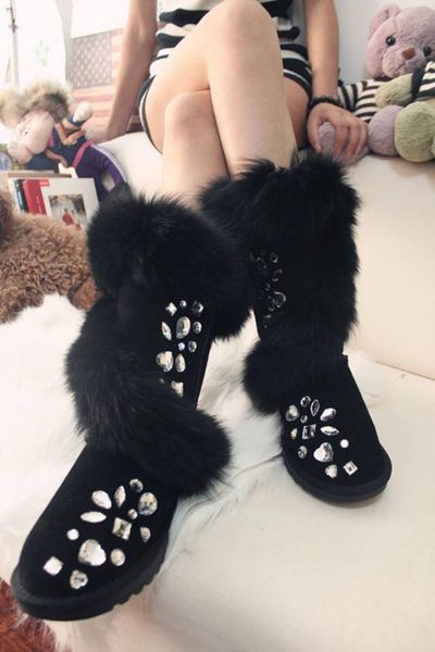 

boots 2021 comemore black rhinestone bow pink fur loli lace snow leather high cotton shoes