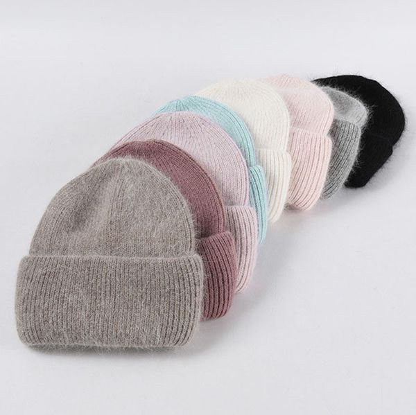 Konzessionelle solide Strickmützen Süßigkeiten Farbe Mode Frauen Winter Warme Beanie Acrylmischung Kaninchenfell 8 Farben Gemischt Großhandel