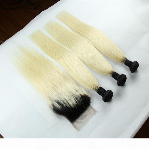 

peruvian #1b 613 blonde ombre hair weave with 4*4 lace closure 3pcs silk straight dark root blonde virgin hair with closure 4pcs lot, Black