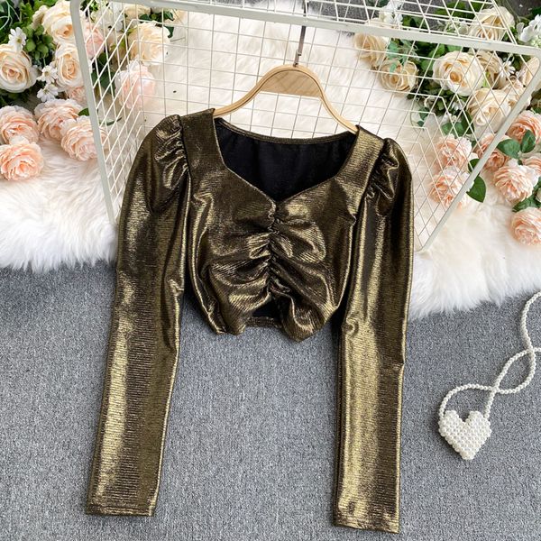 

2021 v-neck short blouse women vintage long sleeve pullover gold/sier/white shirt female fashion autumn 6go9, Blue