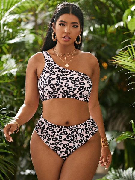 

plus leopard one shoulder bikini swimsuit c8u6#, Black