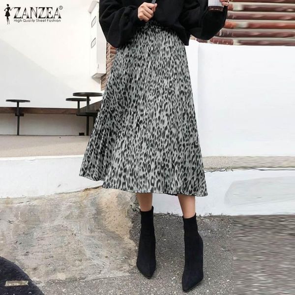 

skirts womens casual high elastic waist skirt 2021 summer midi zanzea retro leopard bottoms lady fashion pleated mujer falda, Black