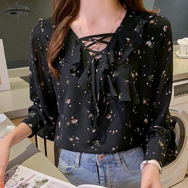 

women's blouses & shirts autumn fashion floral chiffon long-sleeved loose lotus leaf collar elegant all-match blouse 16371, White