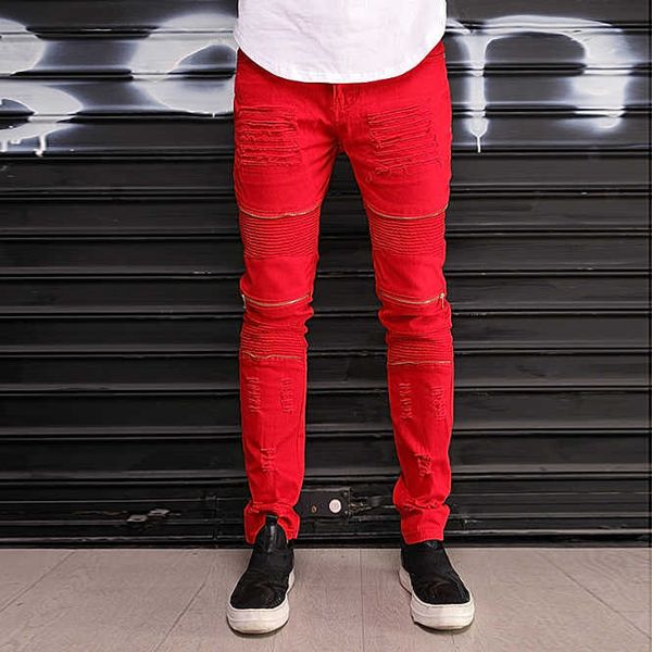 

style mens motorcycle trousers broken hole men jeans stretch zipper fashion price men's jean pants, Blue