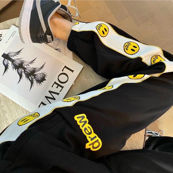 

21ss drew letters smiley face pants fashion tide side stitching smile webbing sweatpants couples leisure casual trousers, Black