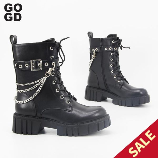 

boots [gogd]women's ankle lace up thick bottom non slip shoes chain decorate platform ladies casual solid comfort flat, Black