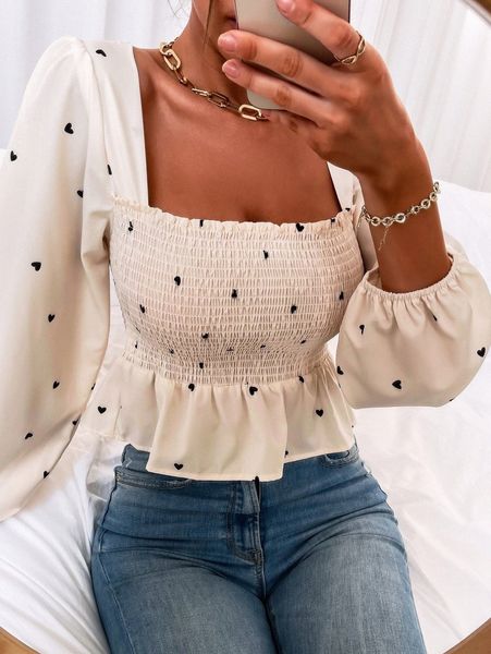 

heart print shirred babydoll blouse t8ya#, White