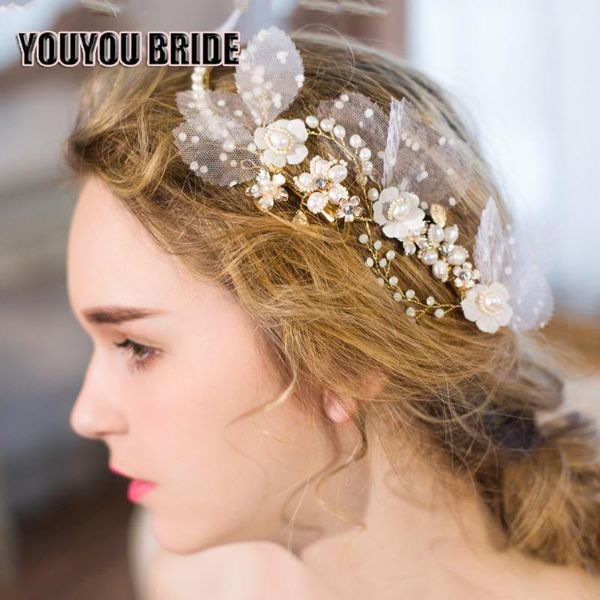 

hair clips & barrettes youyou bride bridal clip white flower pearl rhinestone women headpeice luxury wedding jewelry purelry handmade, Golden;silver