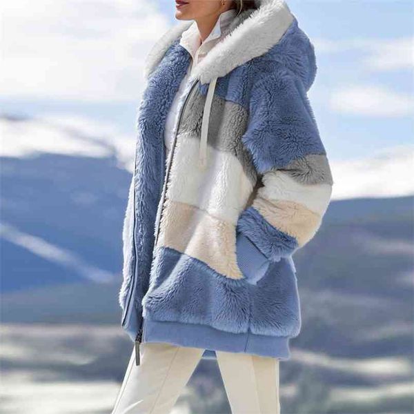 Winter Mulheres Casaco Quente Pelúcia Casual Solto Casaco Com Capuz Moldados Cor Retalhos Outwear Faux Fur Zipper Ladies Parka 210914