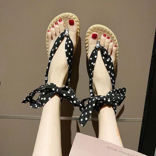 

women 2021 summer fashion new holiday flat flip flops bowknot sweet print non-slip outdoor beach rome sandals, Black