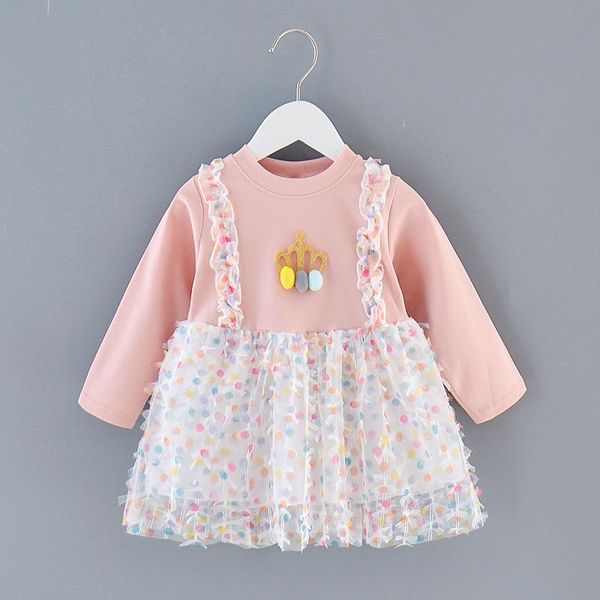 

2021 girls dress autumn long-sleeved new children's wear round neck sweet little polka dot net yarn children's dress 1-4 years, Red;yellow