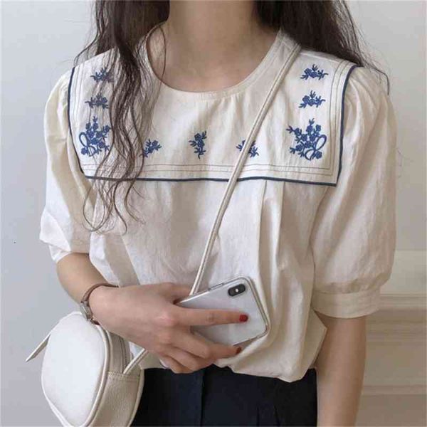 

women's knits & tees vintage girls lady loose embroidery flowers 2021 retro fashion chic all match casual blouse, White
