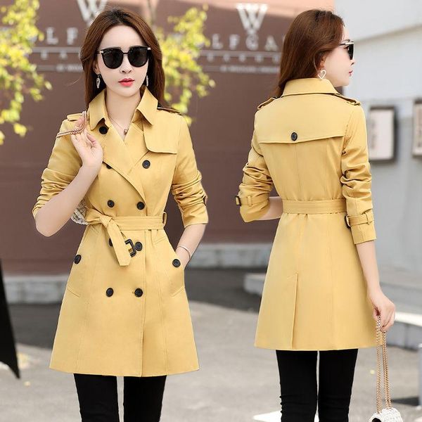 

women's trench coats 2021 autumn women classic double breasted belt ladies korean outerwear elasted waist medium length coat s130, Tan;black