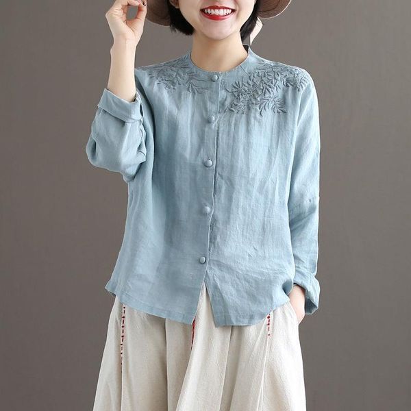 

women blouse shirts cotton embroidered shirt womens autumn chinese style bamboo leaf loose long sleeved wild solid color, White