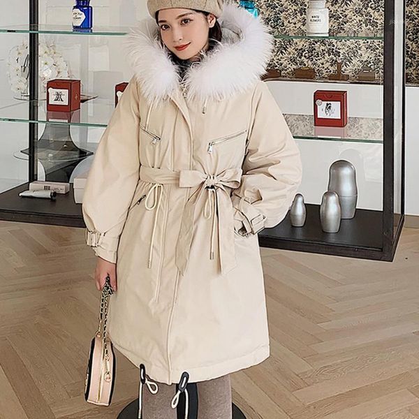 

oversized fur collar streamer women's down jacket winter hooded coat zipper tie buckle warm pikes snow coat1, Black
