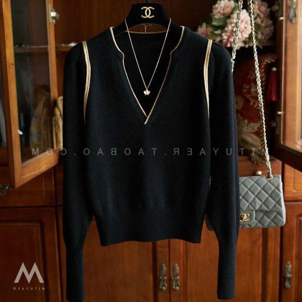 

high-quality sweater women spring and autumn gold silk inlaid scissor collar lantern bat drawstring sleeve sweater, White;black