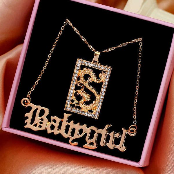 

designer necklace punk fashion multi-layer dragon letter babygirl pendant for women gold color butterfly statement jewelry gift, Silver