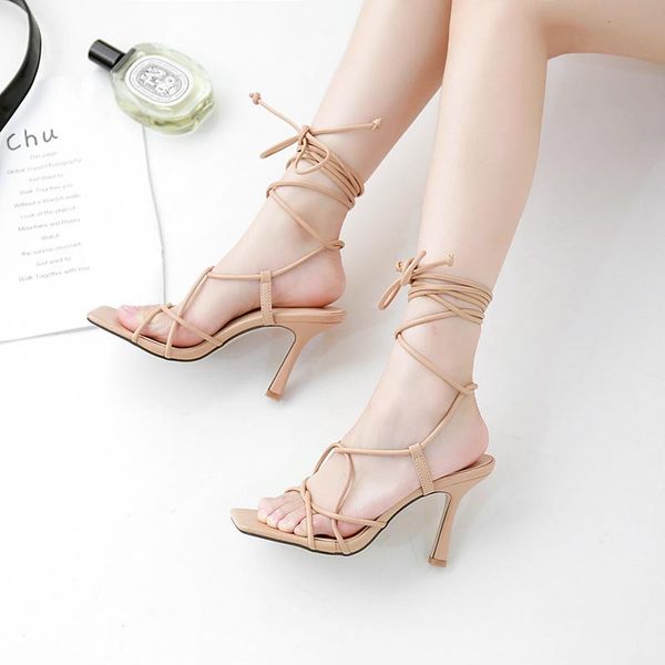 

2021 summer women sandals lace up thin heels ankle cross strap sandals shoes woman peep toe high heels dress party shoes, Black