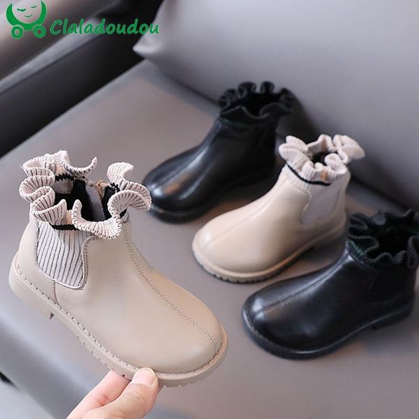 

boots 13.5-19cm brand kids girls ankle for autumn,solid pure patch knitting toddler boots,pu leather ruffles children shoes, Black;grey