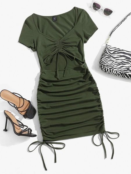 

plus cut out drawstring ruched dress s7ki#, Black