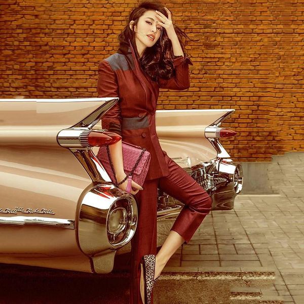 

women wine red pu leather patchwork suit pants set color block double breasted blazer coat + ankle length y209 women's two piece, White