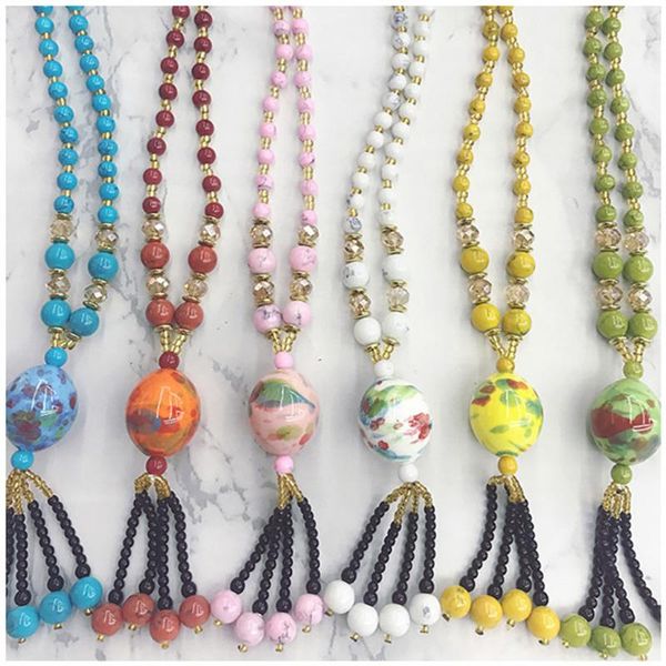 

pendant necklaces ceramic beads ethnic style necklace handmade long tassel colorful chain diy fashion jewelry, Silver