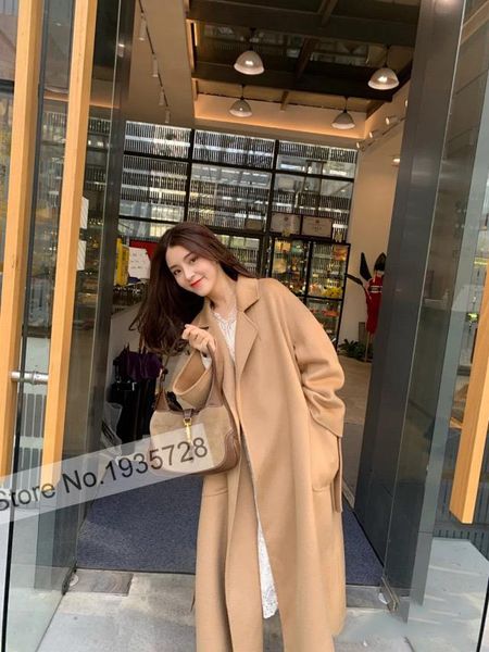 

women's wool & blends ladies cashmere blend long sleeve double-sided woolen waist ties coat, Black