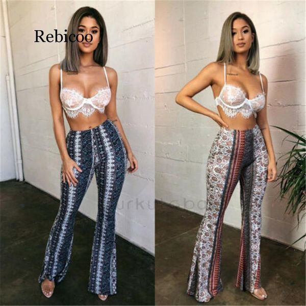 

women's pants & capris 2021 boho summer stretch bell bottom trousers ladies slim printed flared high waist fashion women long, Black;white