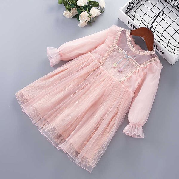 3-7 Jahre Hohe Qualität Frühling Mädchen Kleid Spitze Chiffon Blume Drapierte Geraffte Kind Kinder Kleidung Prinzessin 210615