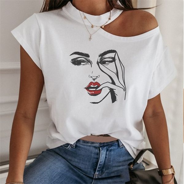 100% Baumwolle Off Shoulder Halter Casual Damen T-Shirts Kurzarm Weiß Schwarz Frau T-Shirts Sommer Mode Top Frauen 210306