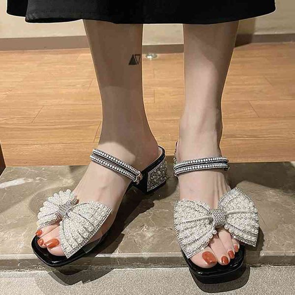 

sandals pearl bowtie square heels slippers women summer fashion sequin high woman comfortable black white slides 7z1r