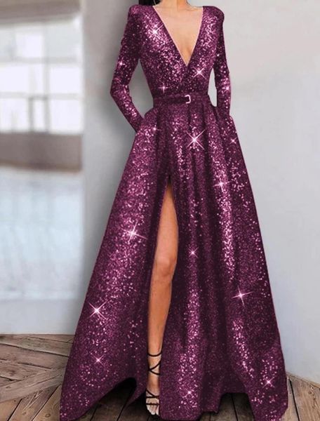 

sparkle purple elegant engagement prom dress v neck long sleeve floor length satin sequined evening party gown robe de soiree 2022, Black;red