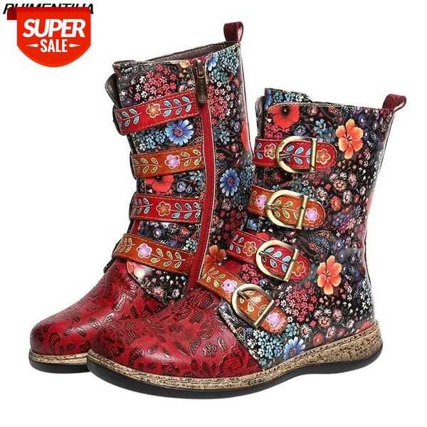 

dropship women boots retro printed metal buckle genuine leather zipper ankle boots fashion ladies shoes female botines mujer #ei0t, Black