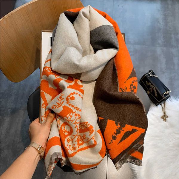 

2021 autumn and imitation cashmere winter  warm scarf geometric color matching fashion thickened shawl, Blue;gray