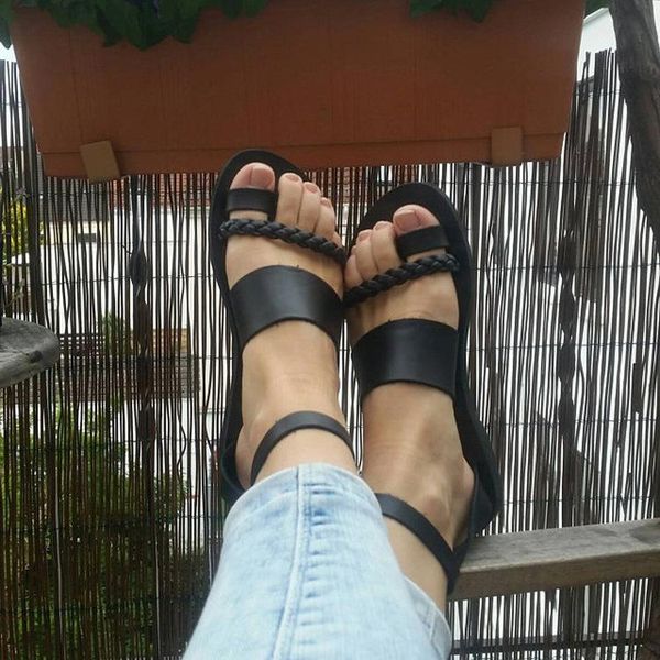 

sandals shoes flat-heeled toe women style large size women's, Black
