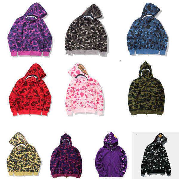 

fashion zip-front shark hoodie camouflage sweatshirt bathing ape cardigan hoodies hip hop letters long sleeve plush mens womens coats, Black