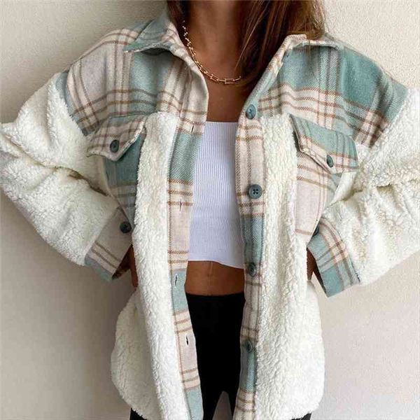 

winter vintage oversize plaid pockets womens shirts long sleeve turn-down collar thick blouse autumn casual warm outwear, White