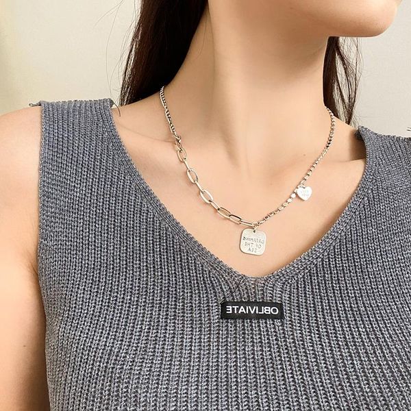 

chains personality retro stitching necklace ins simple love tag letter net red clavicle chain female hip-hop, Silver