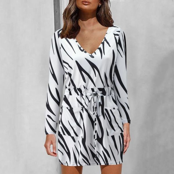 

casual dresses drawstring dress leopard print with pocket women's fashion robe v-neck long sleeve abito manica lunga, Black;gray
