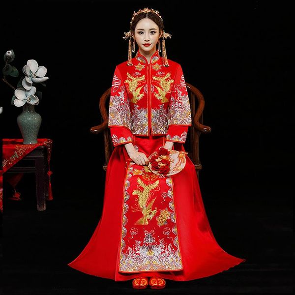 

red fashion noble retro chinese women bride cheongsam dress long wedding qipao delicate embroidery phoenix cheongsam size s-xxl