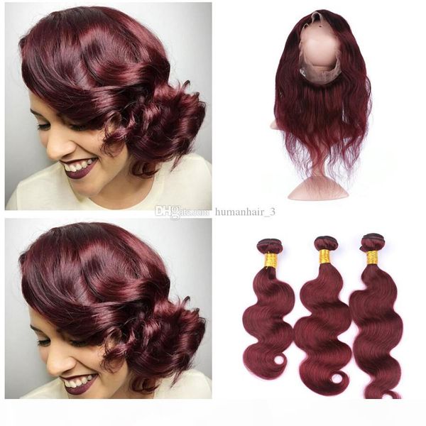 

body wave burgundy hair with 360 lace frontal closure 4pcs lot #99j wine red human hair bundles body wave with 360 lace frontal, Black;brown