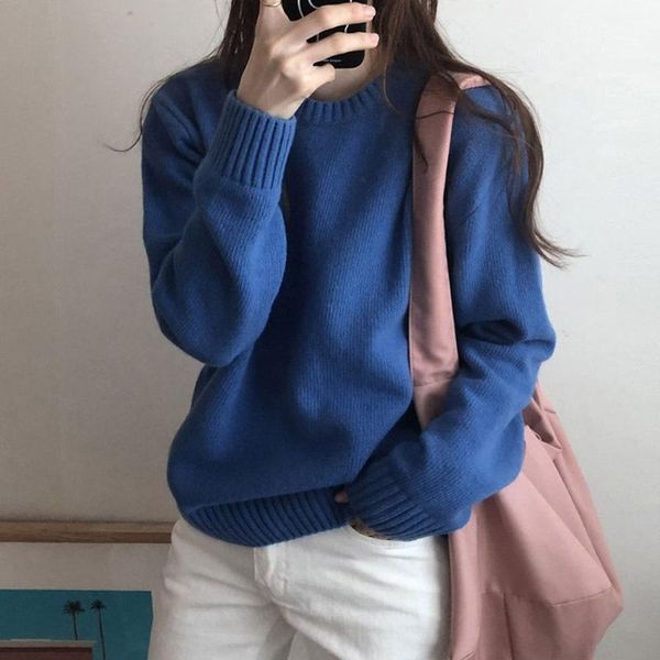 

women's sweaters jumper korean fashion autumn winter loose solid color sweater oversize retro inside round neck 2021, White;black